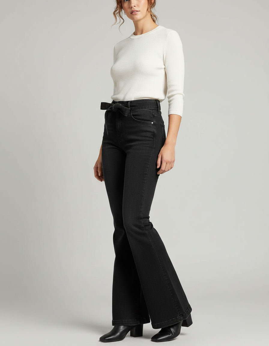 Pantalon Patte D'Éléphant Noir Évasé Taille Haute Ceinturé - Jean