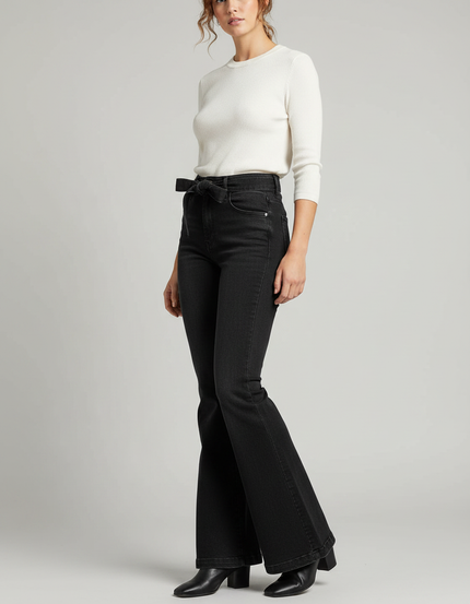 Pantalon Patte D'Éléphant Noir Évasé Taille Haute Ceinturé - Jean