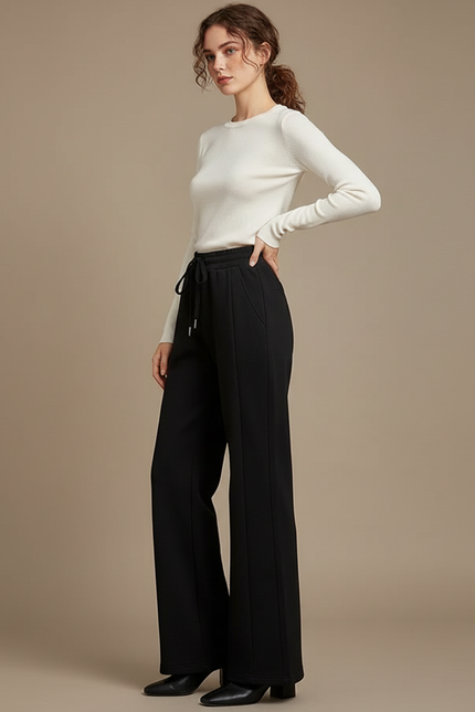 Pantalon Patte D'Éléphant Noir Élastique Large Taille Haute - Molleton