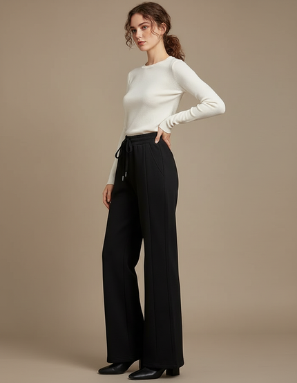 Pantalon Patte D'Éléphant Noir Élastique Large Taille Haute - Molleton