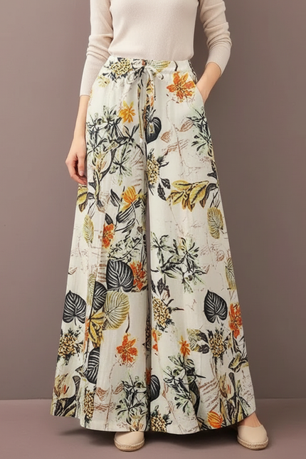 Pantalon Patte D'Éléphant Fluide Imprimé Floral Bohème Décontracté - Lin