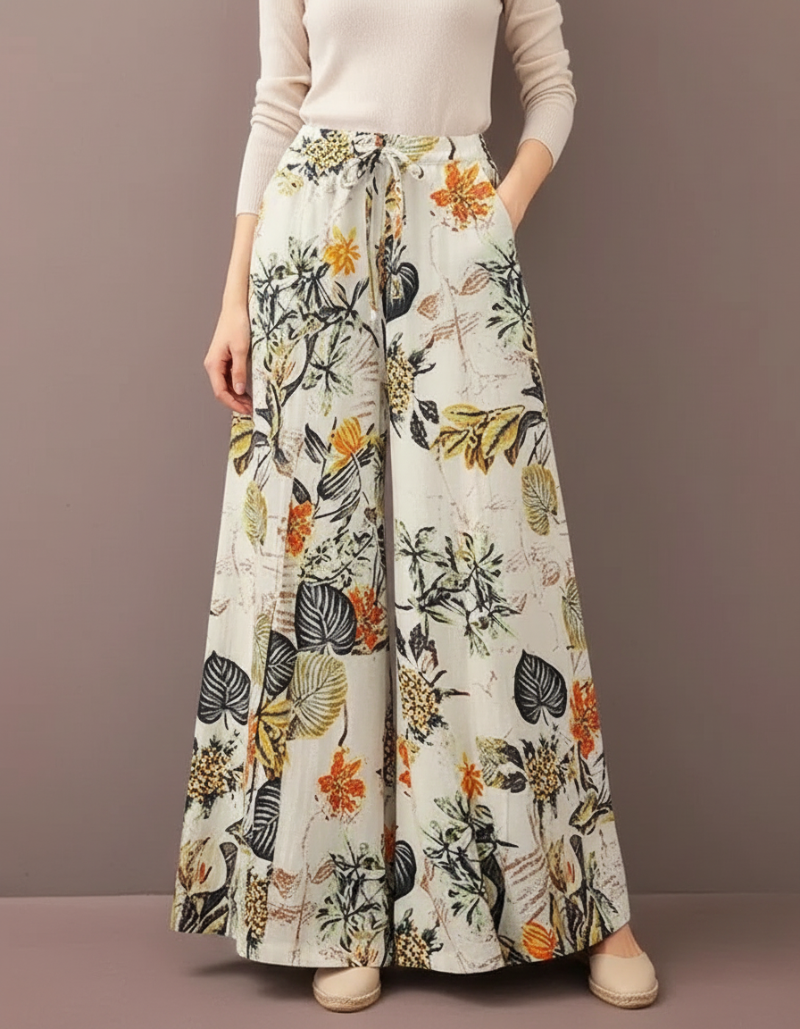 Pantalon Patte D'Éléphant Fluide Imprimé Floral Bohème Décontracté - Lin