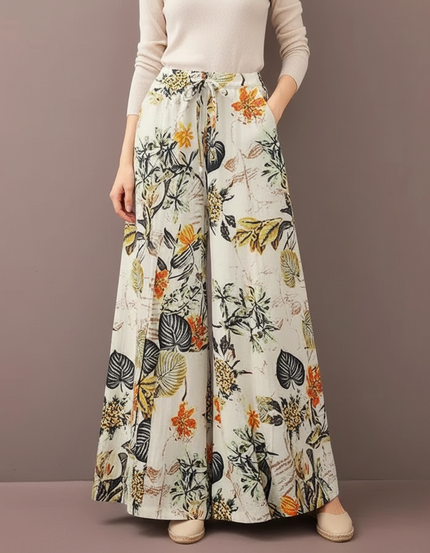 Pantalon Patte D'Éléphant Fluide Imprimé Floral Bohème Décontracté - Lin