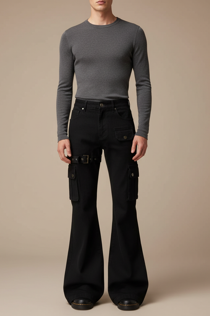 Pantalon Patte D'Éléphant Noir Cargo Évasé Ajusté Homme - Jean