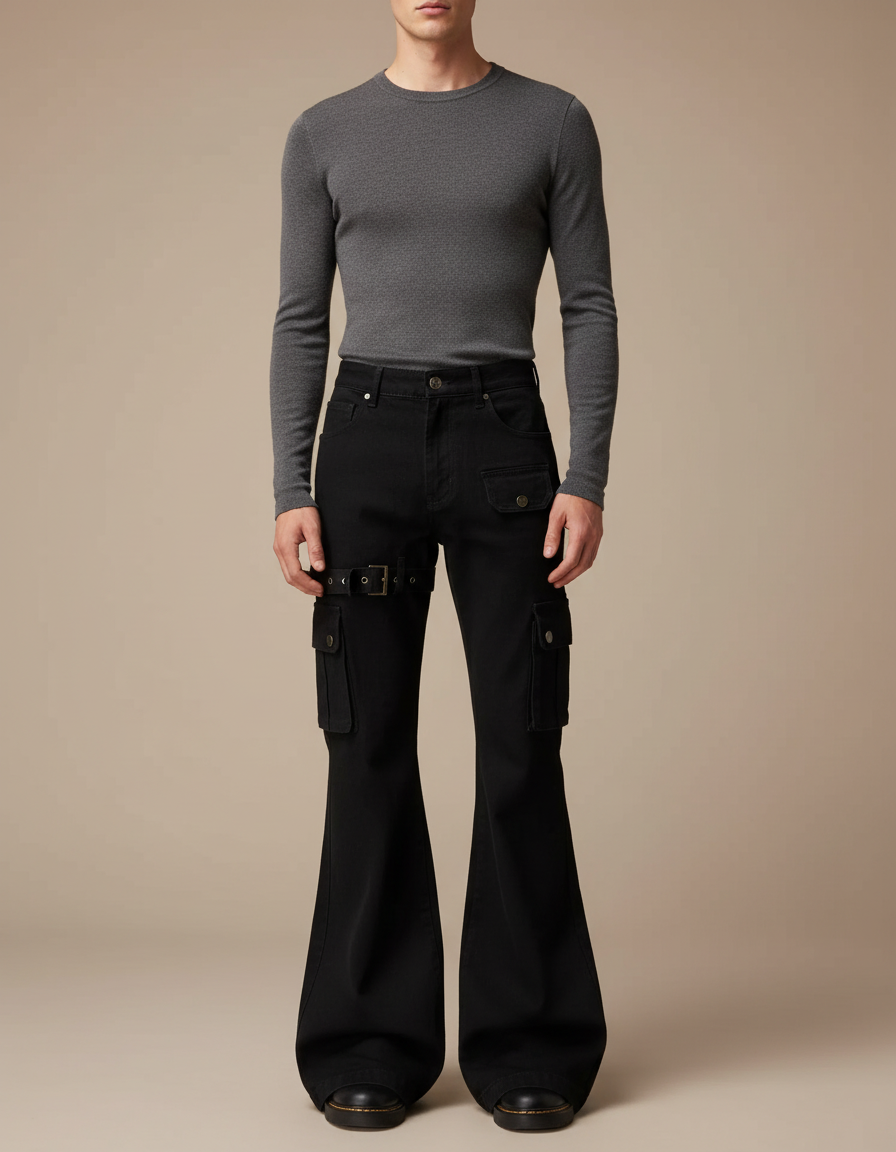 Pantalon Patte D'Éléphant Noir Cargo Évasé Ajusté Homme - Jean