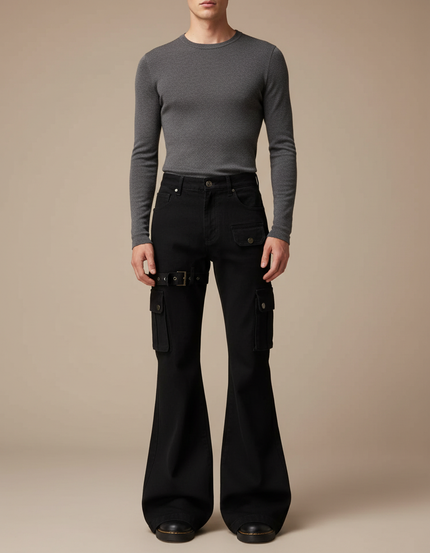 Pantalon Patte D'Éléphant Noir Cargo Évasé Ajusté Homme - Jean