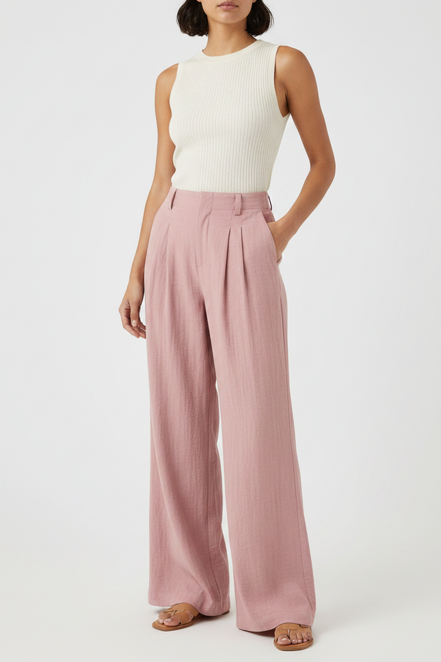 Pantalon Patte D'Éléphant Rose Plissé Ample Coton Décontracté - Lin