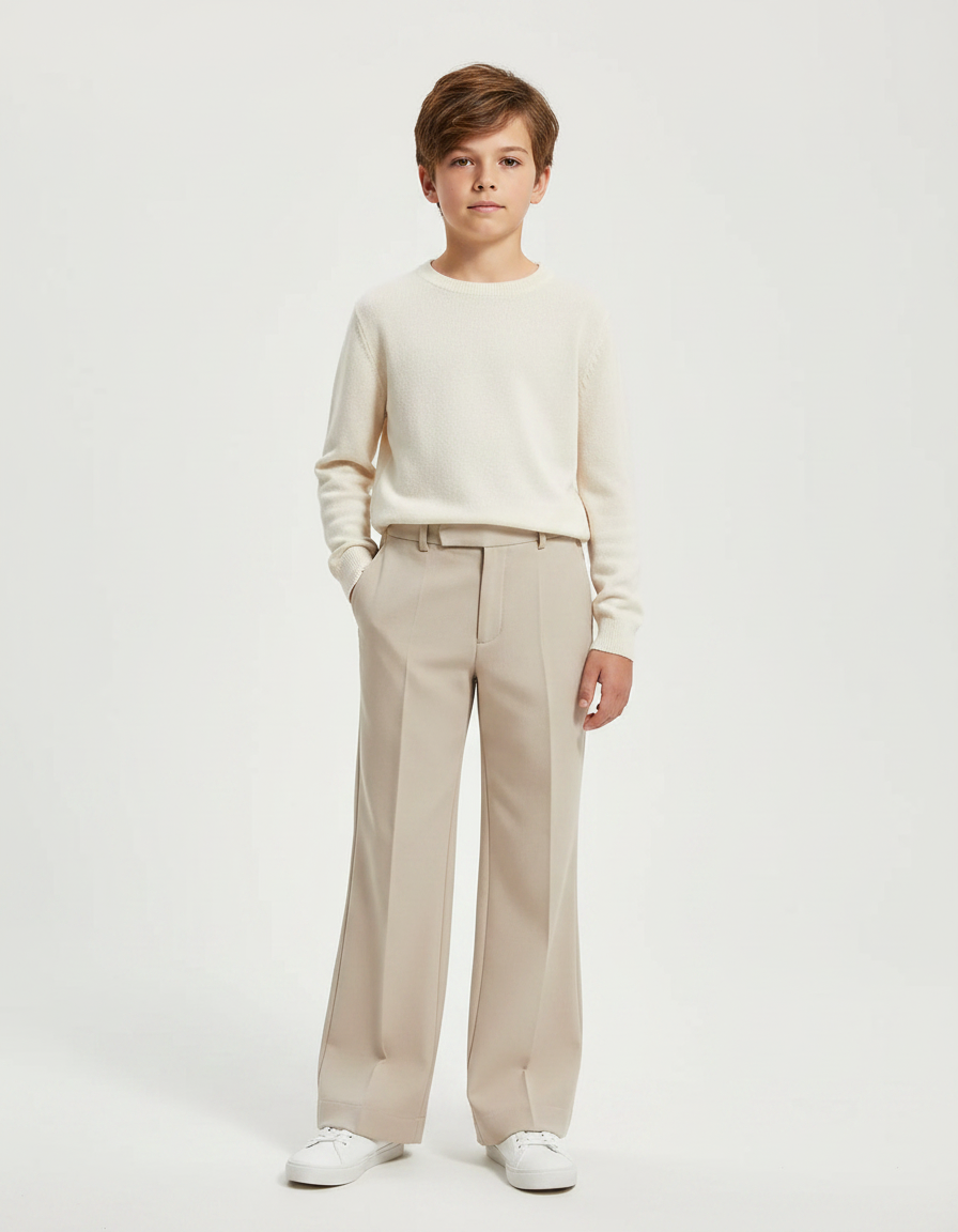 Pantalon Patte D'Éléphant Beige Uni Ample Décontracté Enfant - Gabardine