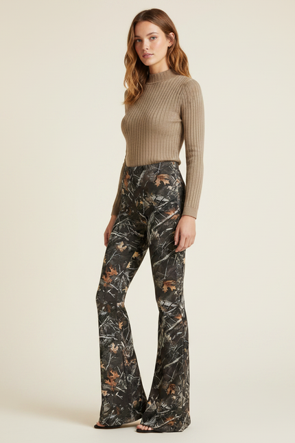 Pantalon Patte D'Éléphant Camouflage Taille Haute Évasé Confortable - Imprimé Maille