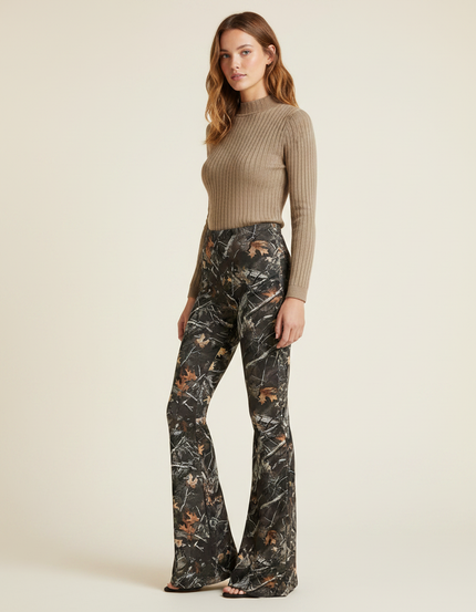 Pantalon Patte D'Éléphant Camouflage Taille Haute Évasé Confortable - Imprimé Maille