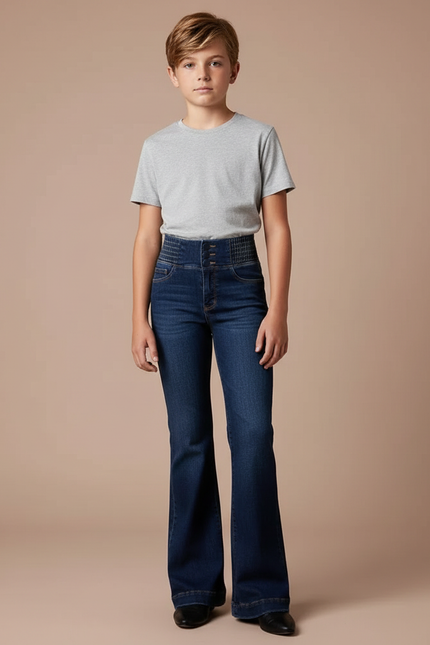 Pantalon Patte D'Éléphant Jean Taille Haute Bleu Foncé Évasé - Marine
