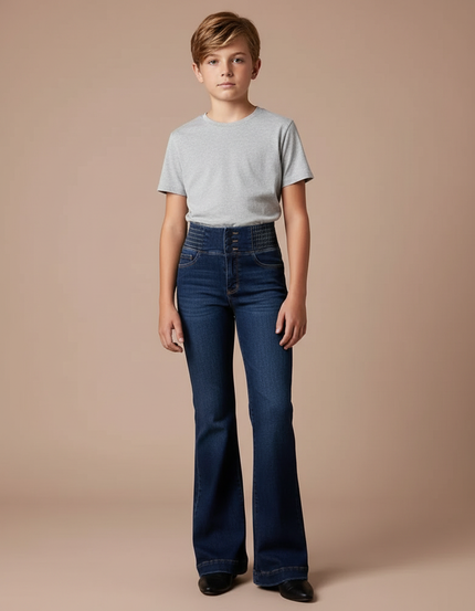 Pantalon Patte D'Éléphant Jean Taille Haute Bleu Foncé Évasé - Marine