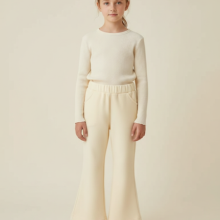 Pantalon Patte D'Éléphant Crème Côtelé Évasé Enfant Confortable - Beige Molleton
