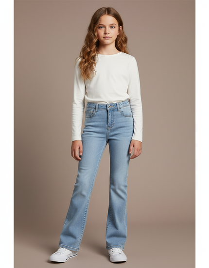 Pantalon Patte D'Éléphant Bleu Clair Denim Taille Haute Décontracté - Jean