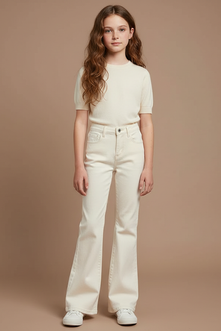Pantalon Patte D'Éléphant Écru Jean Taille Haute Évasé Fille - Beige