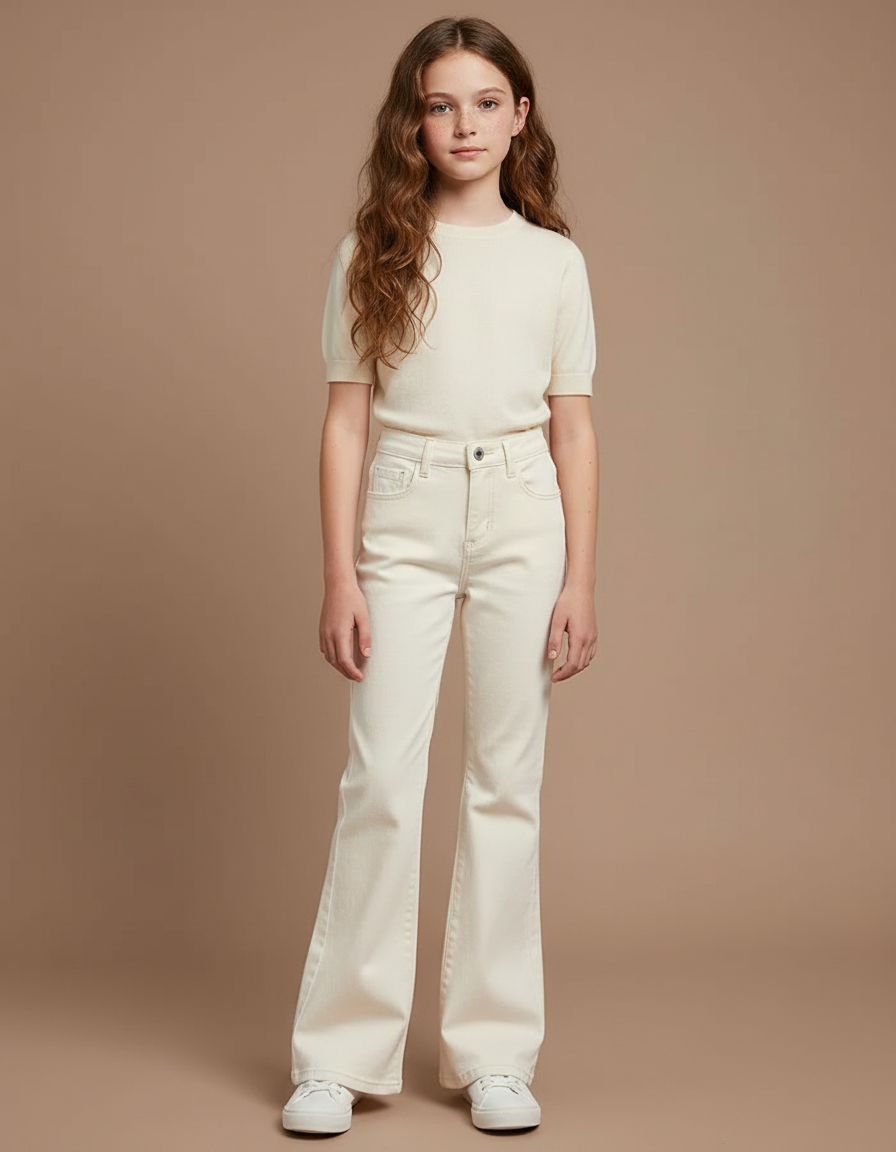 Pantalon Patte D'Éléphant Écru Jean Taille Haute Évasé Fille - Beige