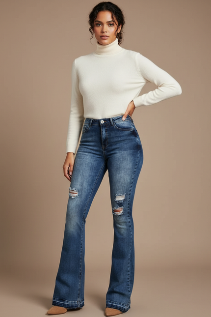 Pantalon Patte D'Éléphant Jean Délavé Déchiré Taille Haute Femme - Bleu