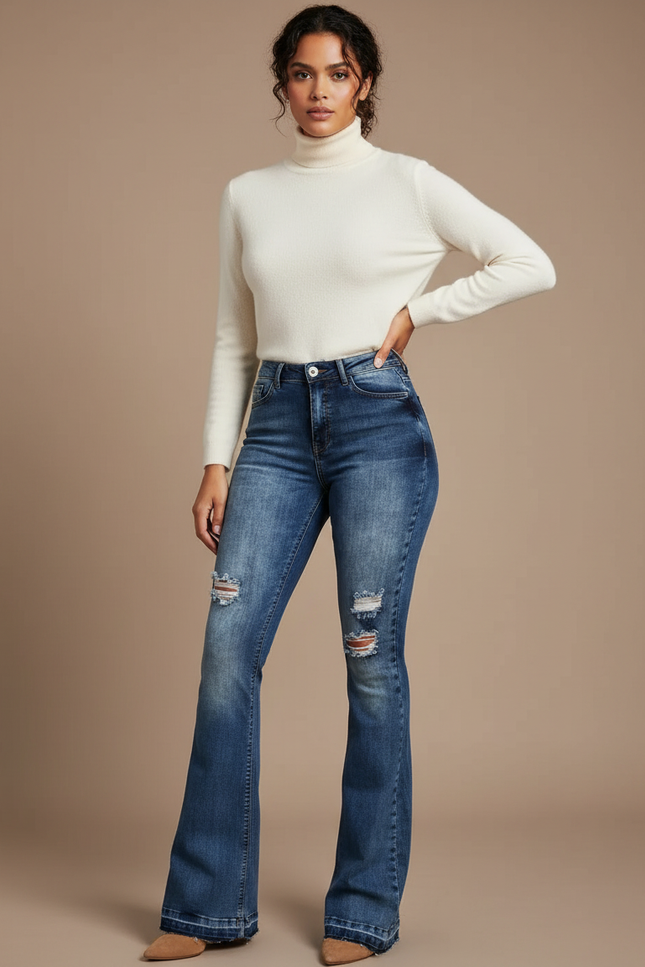 Pantalon Patte D'Éléphant Jean Délavé Déchiré Taille Haute Femme - Bleu