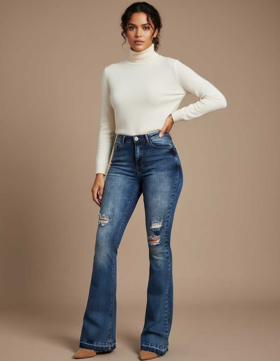 Pantalon Patte D'Éléphant Jean Délavé Déchiré Taille Haute Femme - Bleu