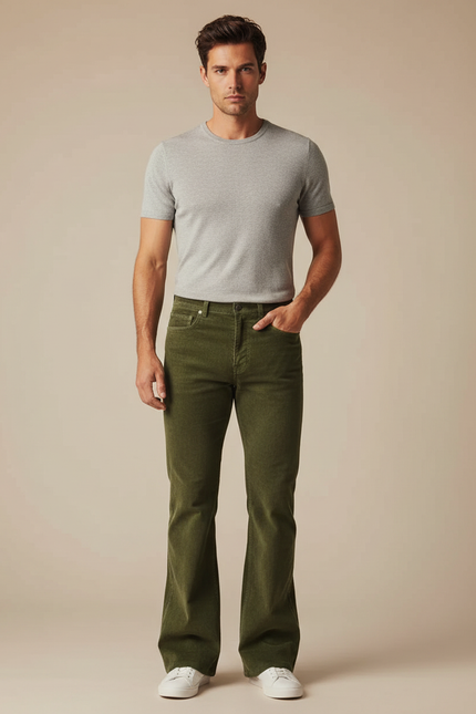 Pantalon Patte D'Éléphant Vert Côtelé Homme Élégant Décontracté - Cordé