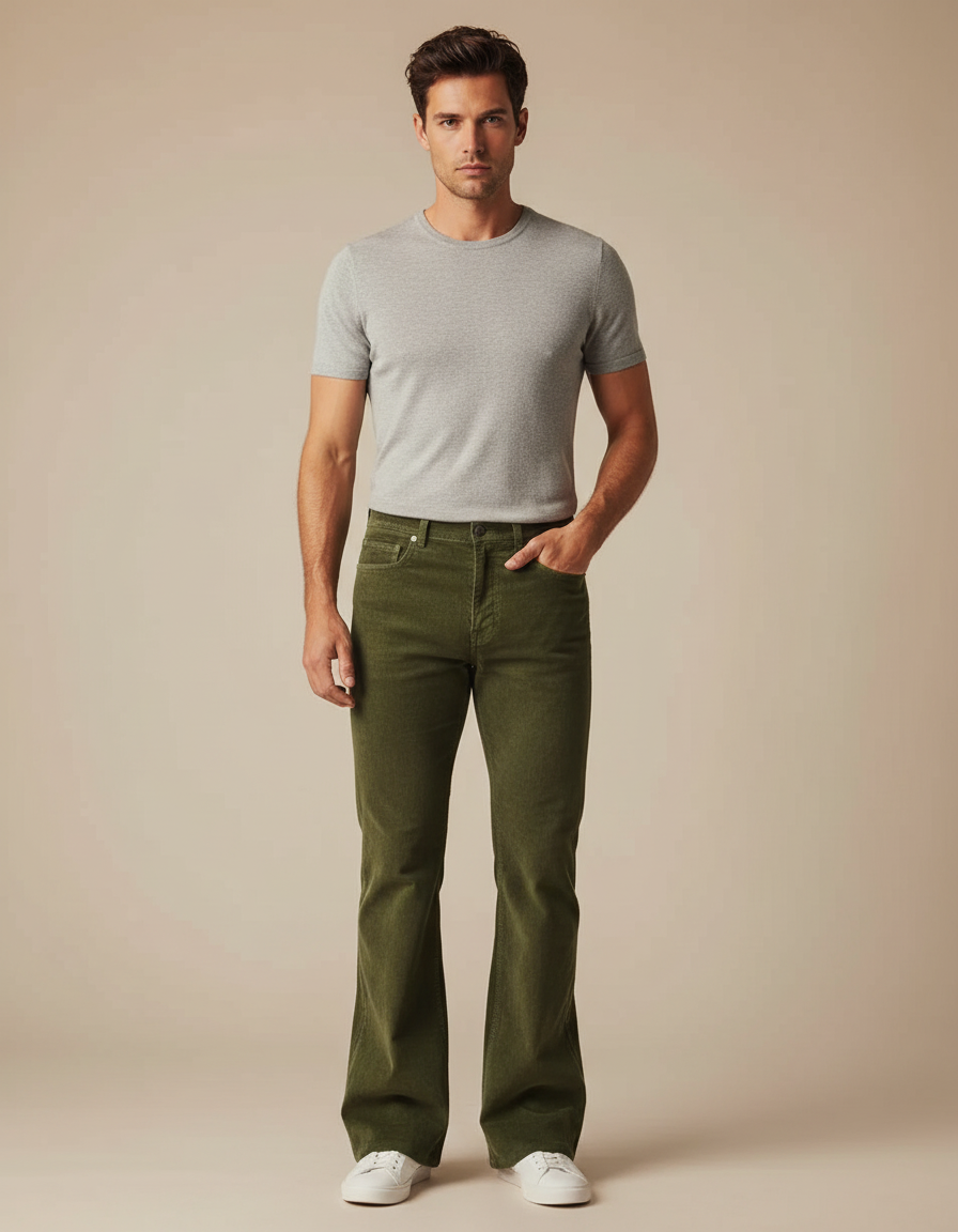 Pantalon Patte D'Éléphant Vert Côtelé Homme Élégant Décontracté - Cordé