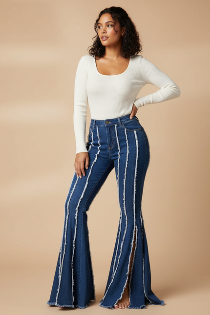Pantalon Patte D'Éléphant Jean Bleu Franges Fendu Taille Haute
