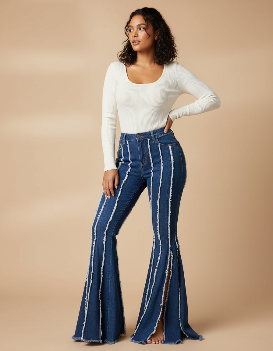 Pantalon Patte D'Éléphant Jean Bleu Franges Fendu Taille Haute