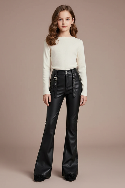 Pantalon Patte D'Éléphant Similicuir Noir Boucles Évasé Fille - Simili cuir