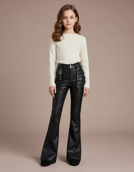 Pantalon Patte D'Éléphant Similicuir Noir Boucles Évasé Fille - Simili cuir
