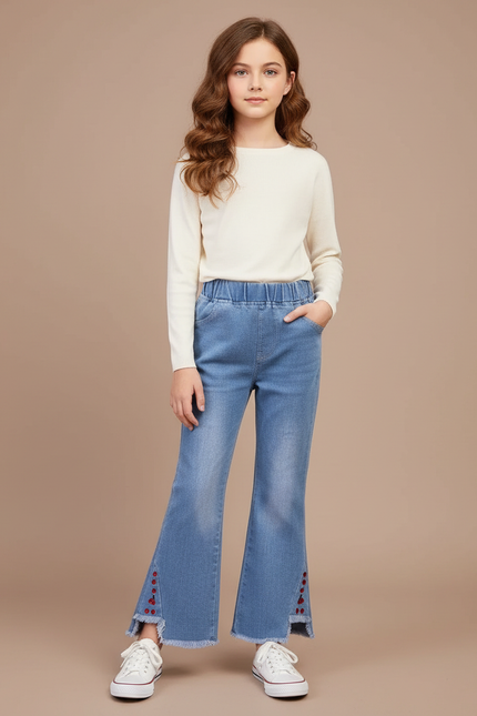 Pantalon Patte D'Éléphant Jean Bleu Frangé Boutons Fille