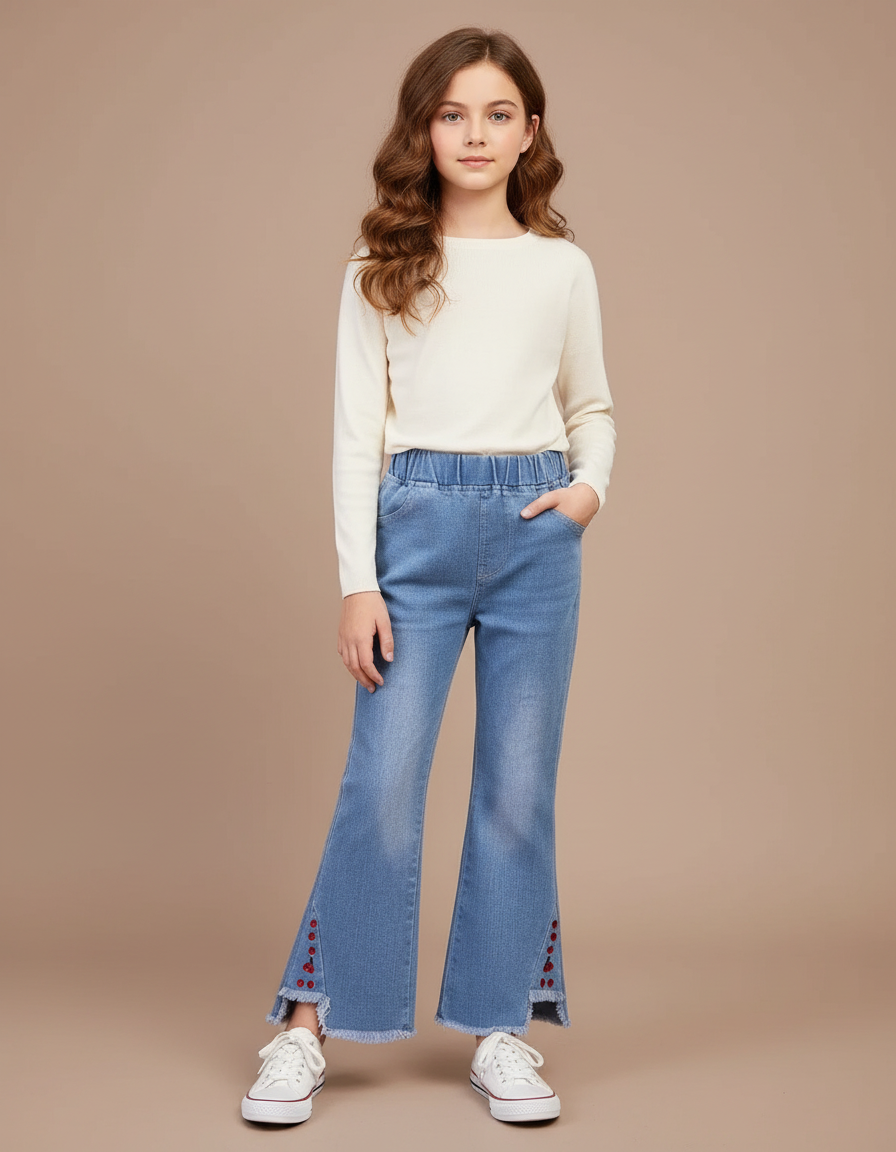 Pantalon Patte D'Éléphant Jean Bleu Frangé Boutons Fille