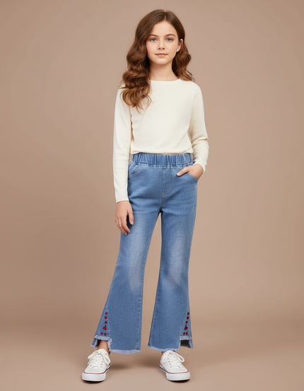 Pantalon Patte D'Éléphant Jean Bleu Frangé Boutons Fille