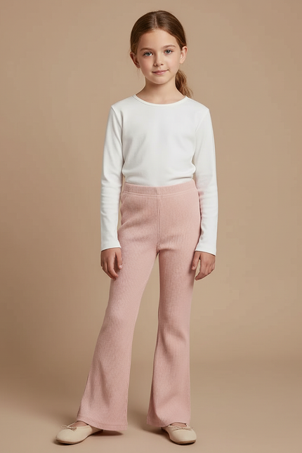 Pantalon Patte D'Éléphant Rose Côtelé Évasé Confortable Doux - Maille