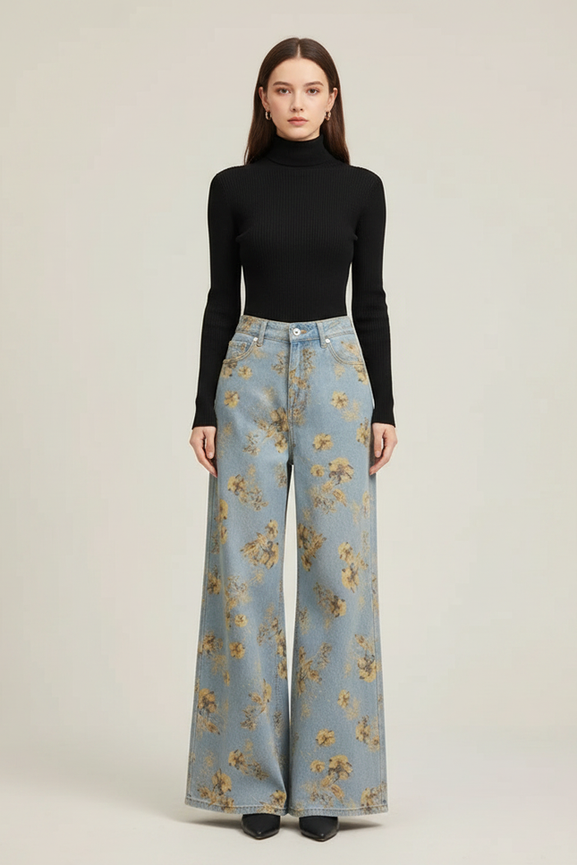 Pantalon Patte D'Éléphant Évasé Bleu Fleuri Vintage Taille Haute - Imprimé Jean