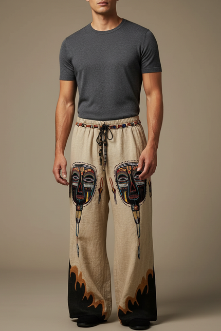 Pantalon Patte D'Éléphant Ethnique Beige Ample Masques Africains Homme - Lin
