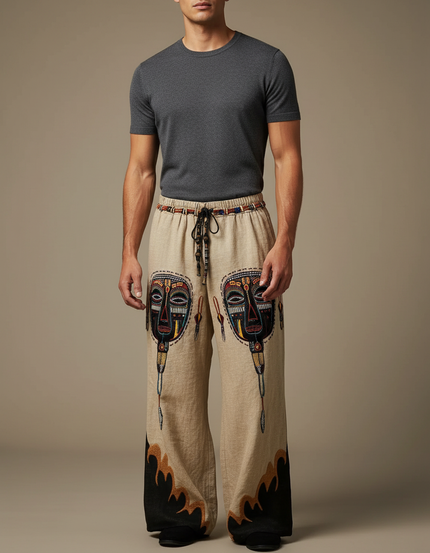 Pantalon Patte D'Éléphant Ethnique Beige Ample Masques Africains Homme - Lin