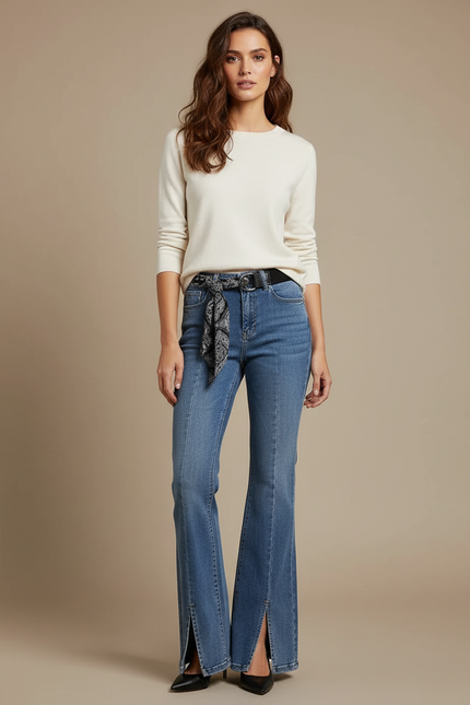 Pantalon Patte D'Éléphant Jean Bleu Fendu Taille Haute