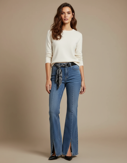 Pantalon Patte D'Éléphant Jean Bleu Fendu Taille Haute
