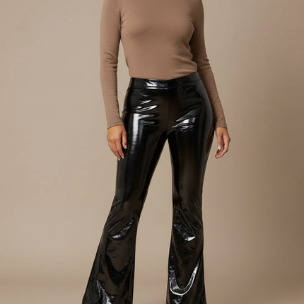 Pantalon Patte D'Éléphant Noir Brillant Vinyle Femme Évasé - Simili cuir