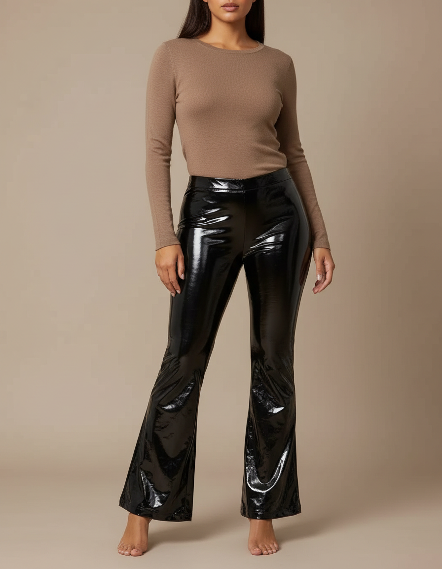 Pantalon Patte D'Éléphant Noir Brillant Vinyle Femme Évasé - Simili cuir