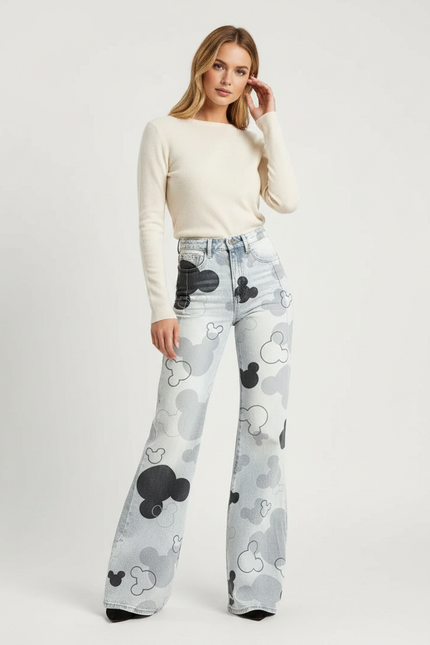 Pantalon Patte D'Éléphant Imprimé Mickey Délavé Taille Haute - Jean