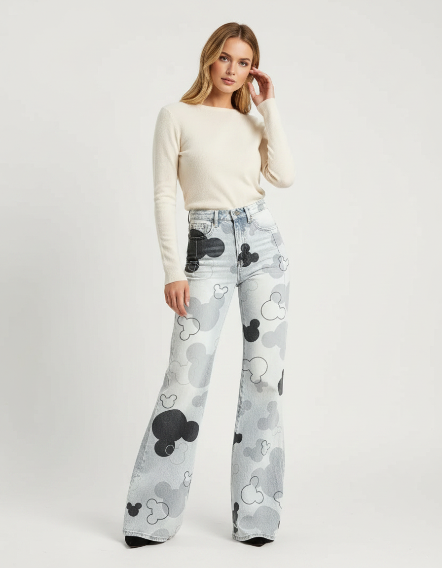 Pantalon Patte D'Éléphant Imprimé Mickey Délavé Taille Haute - Jean