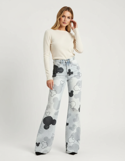 Pantalon Patte D'Éléphant Imprimé Mickey Délavé Taille Haute - Jean