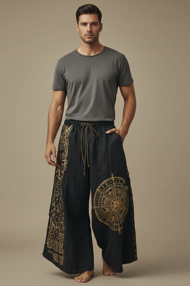 Pantalon Patte D'Éléphant Noir Ample Imprimé Ethnique Doré - Jean