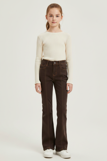 Pantalon Patte D'Éléphant Marron Évasé Taille Haute Élastique - Jean