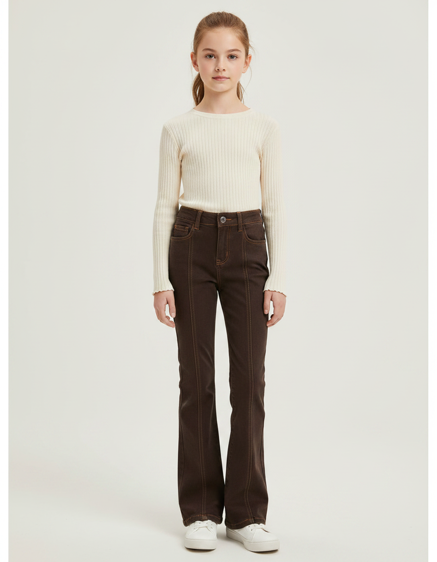 Pantalon Patte D'Éléphant Marron Évasé Taille Haute Élastique - Jean
