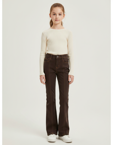 Pantalon Patte D'Éléphant Marron Évasé Taille Haute Élastique - Jean