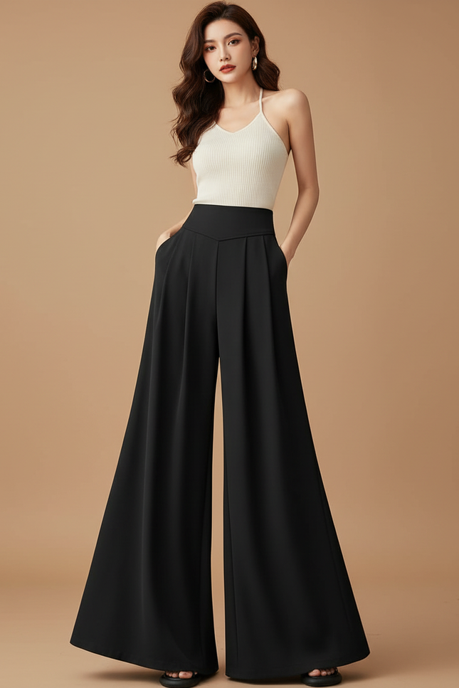 Pantalon Noir Taille Haute Patte D'éléphant - Polyester