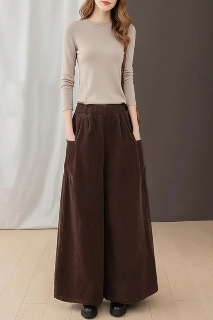 Pantalon Patte D'Éléphant Côtelé Marron Ample Taille Haute Femme - Cordé