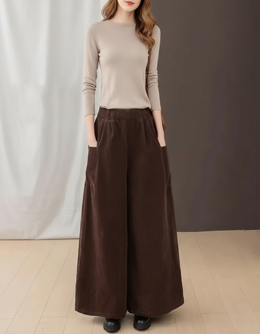 Pantalon Patte D'Éléphant Côtelé Marron Ample Taille Haute Femme - Cordé